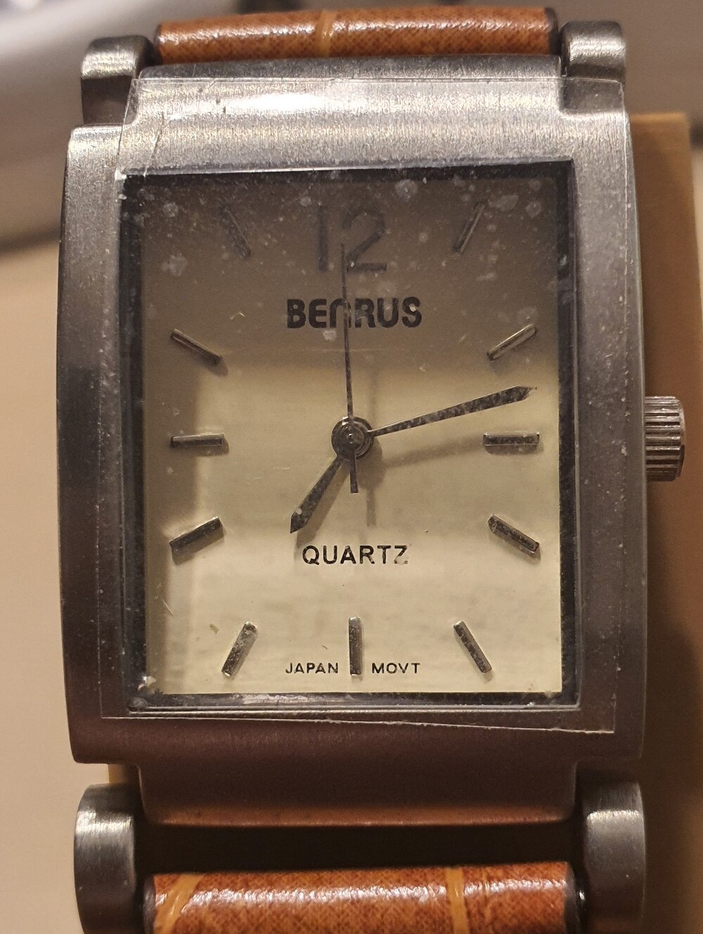 Vtg Benrus Quartz Silver/Tan Leather Men's Tank Watch